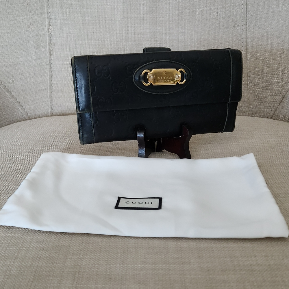 Gucci GG Black Guccissima Long Trifold Snap Wallet W/ Gucci Gold Horsebit Accent - Picture 4 of 16